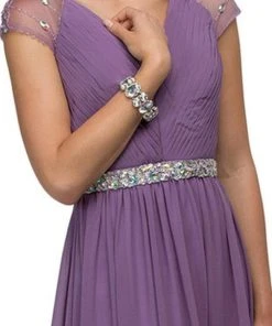 Dancing Queen - 9182 Illusion Cap Sleeve Pleated V-Neck Chiffon Evening Dress