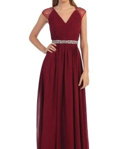 Dancing Queen - 9182 Illusion Cap Sleeve Pleated V-Neck Chiffon Evening Dress