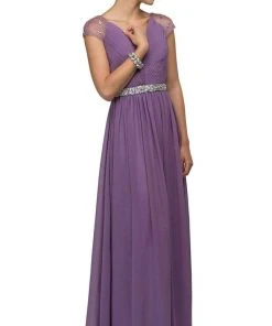 Dancing Queen - 9182 Illusion Cap Sleeve Pleated V-Neck Chiffon Evening Dress