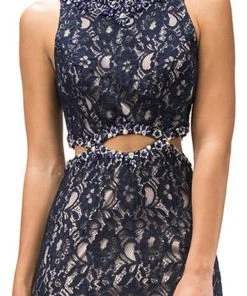 Dancing Queen - 9271 Sleeveless Jewel Neck Lace Cutout Prom Dress