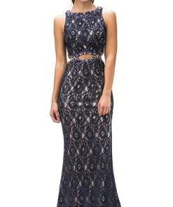 Dancing Queen - 9271 Sleeveless Jewel Neck Lace Cutout Prom Dress