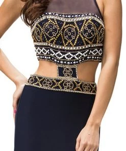Dancing Queen - 9280 Bead Embellished Midriff Cutout Prom Dress