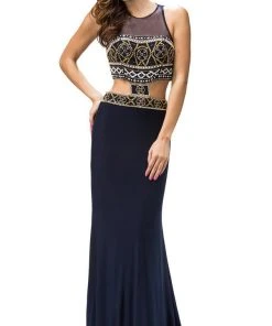 Dancing Queen - 9280 Bead Embellished Midriff Cutout Prom Dress