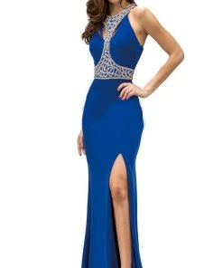 Dancing Queen - 9285 Sculpted Jewel-Encrusted High Slit Prom Dress
