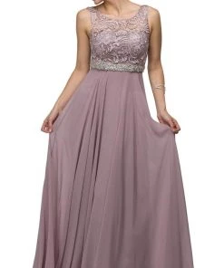 Dancing Queen - 9325 Embroidered Lace Scoop Neck Chiffon Prom Dress