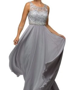 Dancing Queen - 9325 Embroidered Lace Scoop Neck Chiffon Prom Dress
