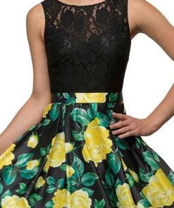 Dancing Queen - 9517 Floral Print Illusion A-Line Cocktail Dress