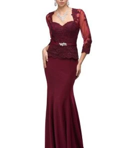 Dancing Queen - 9573 Sheer Sleeves Majestic Lacy Bodice Long Formal Dress