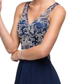 Dancing Queen - 9603 Long Lace Adorned Illusion A-Line Prom Dress