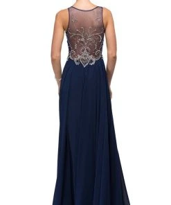 Dancing Queen - 9603 Long Lace Adorned Illusion A-Line Prom Dress