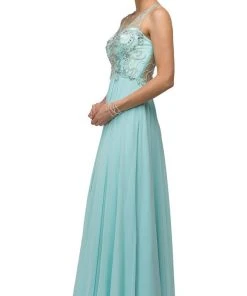 Dancing Queen - 9603 Long Lace Adorned Illusion A-Line Prom Dress