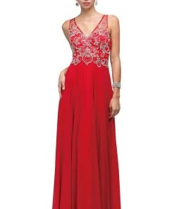 Dancing Queen - 9603 Long Lace Adorned Illusion A-Line Prom Dress