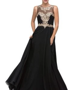 Dancing Queen - 9764 Gilded Lace Illusion A-Line Prom Dress