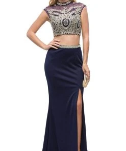 Dancing Queen - 9875 Embroidered Laced Crop Top Two-Piece Prom Dress