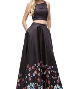 Dancing Queen - 9885 Two-Piece Bateau Floral A-line Prom Dress