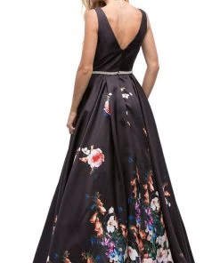Dancing Queen - 9920 Attractive Long V-Neck Floral Print Prom Dress