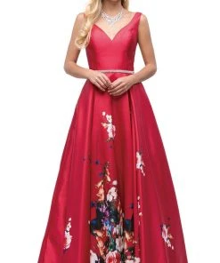 Dancing Queen - 9920 Attractive Long V-Neck Floral Print Prom Dress