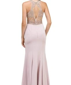 Dancing Queen - 9974 Beaded Illusion Halter Evening Dress With Slit