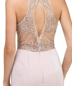 Dancing Queen - 9974 Beaded Illusion Halter Evening Dress With Slit