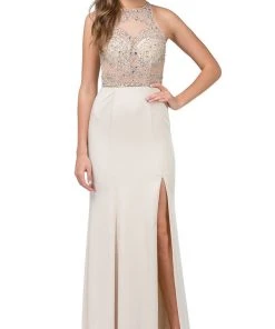 Dancing Queen - 9974 Beaded Illusion Halter Evening Dress With Slit