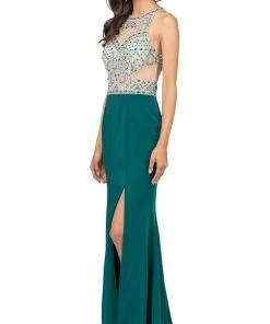 Dancing Queen - 9974 Beaded Illusion Halter Evening Dress With Slit