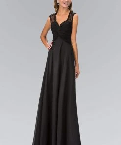 Elizabeth K - GL1376 Laced And Ruched V-Neck Chiffon Dress
