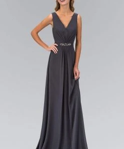 Elizabeth K - GL1389 Jewel-Accented Pleated V-Neck Chiffon Dress