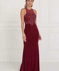 Elizabeth K - GL1507 Illusion Tonal Beaded Jersey Sheath Gown