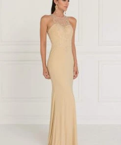 Elizabeth K - GL1507 Illusion Tonal Beaded Jersey Sheath Gown