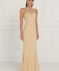Elizabeth K - GL1507 Illusion Tonal Beaded Jersey Sheath Gown
