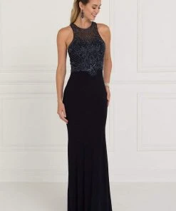 Elizabeth K - GL1507 Illusion Tonal Beaded Jersey Sheath Gown