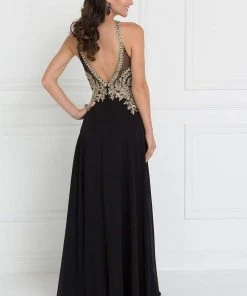 Elizabeth K - GL1526 Lace Embellished High Neck Chiffon Gown