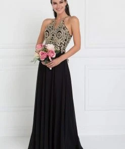Elizabeth K - GL1526 Lace Embellished High Neck Chiffon Gown