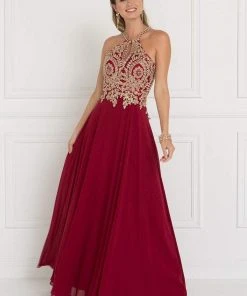 Elizabeth K - GL1526 Lace Embellished High Neck Chiffon Gown