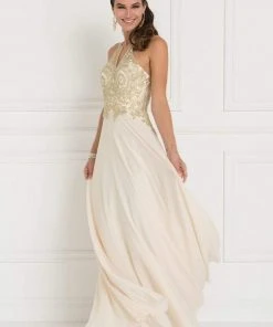 Elizabeth K - GL1526 Lace Embellished High Neck Chiffon Gown