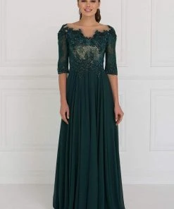 Elizabeth K - GL1528 Quarter Sleeve Jewel Adorned Illusion Lace Gown