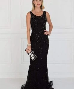 Elizabeth K - GL1544 Beaded Lace Illusion Scoop Sheath Dress