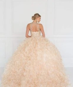 Elizabeth K - GL1554 Bejeweled Organza Ruffled Ballgown