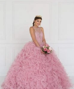 Elizabeth K - GL1554 Bejeweled Organza Ruffled Ballgown