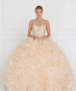 Elizabeth K - GL1554 Bejeweled Organza Ruffled Ballgown