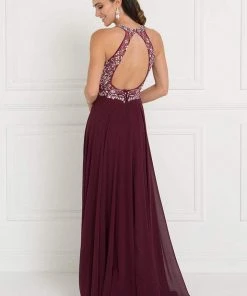 Elizabeth K - GL1564 Bedazzled Illusion Halter Chiffon A-line Dress