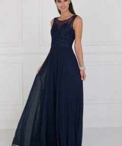 Elizabeth K - GL1569 Embroidered Illusion Scoop Chiffon A-line Dress