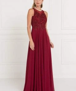 Elizabeth K - GL1570 Embroidered Illusion Halter Chiffon A-line Dress 14 Elizabeth K - GL1570 Embroidered Illusion Halter Chiffon A-line Dress