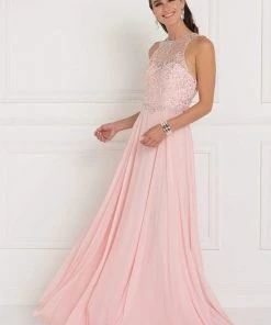 Elizabeth K - GL1572 Embellished Illusion Jewel Chiffon A-line Dress