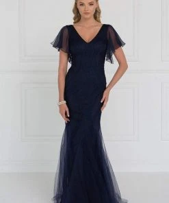 Elizabeth K - GL1576 Butterfly Sleeve Embroidered Foliage Trumpet Gown