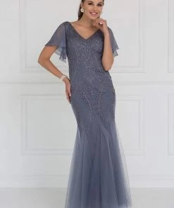 Elizabeth K - GL1576 Butterfly Sleeve Embroidered Foliage Trumpet Gown