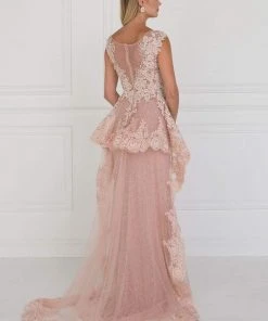 Elizabeth K - GL1581 Appliqued Illusion Peplum Ornate Lace Gown