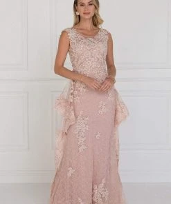 Elizabeth K - GL1581 Appliqued Illusion Peplum Ornate Lace Gown