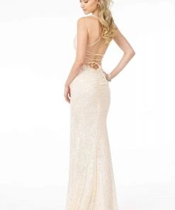 Elizabeth K - GL1814 Ruched Plunging V-Neck Gown With Slit