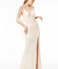Elizabeth K - GL1814 Ruched Plunging V-Neck Gown With Slit